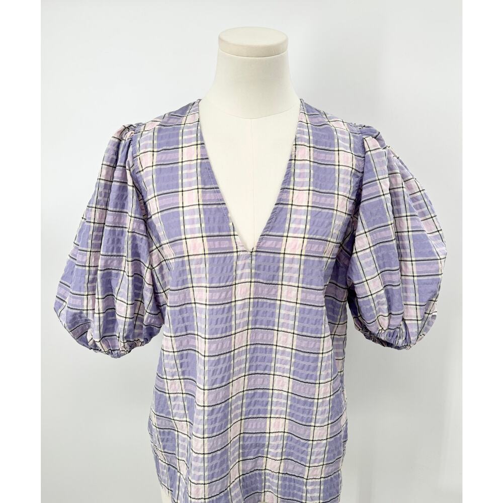 Ganni Lavender Puff Sleeve Plaid Top V-Neck Blouse Seersucker Cottagecore 36 S
